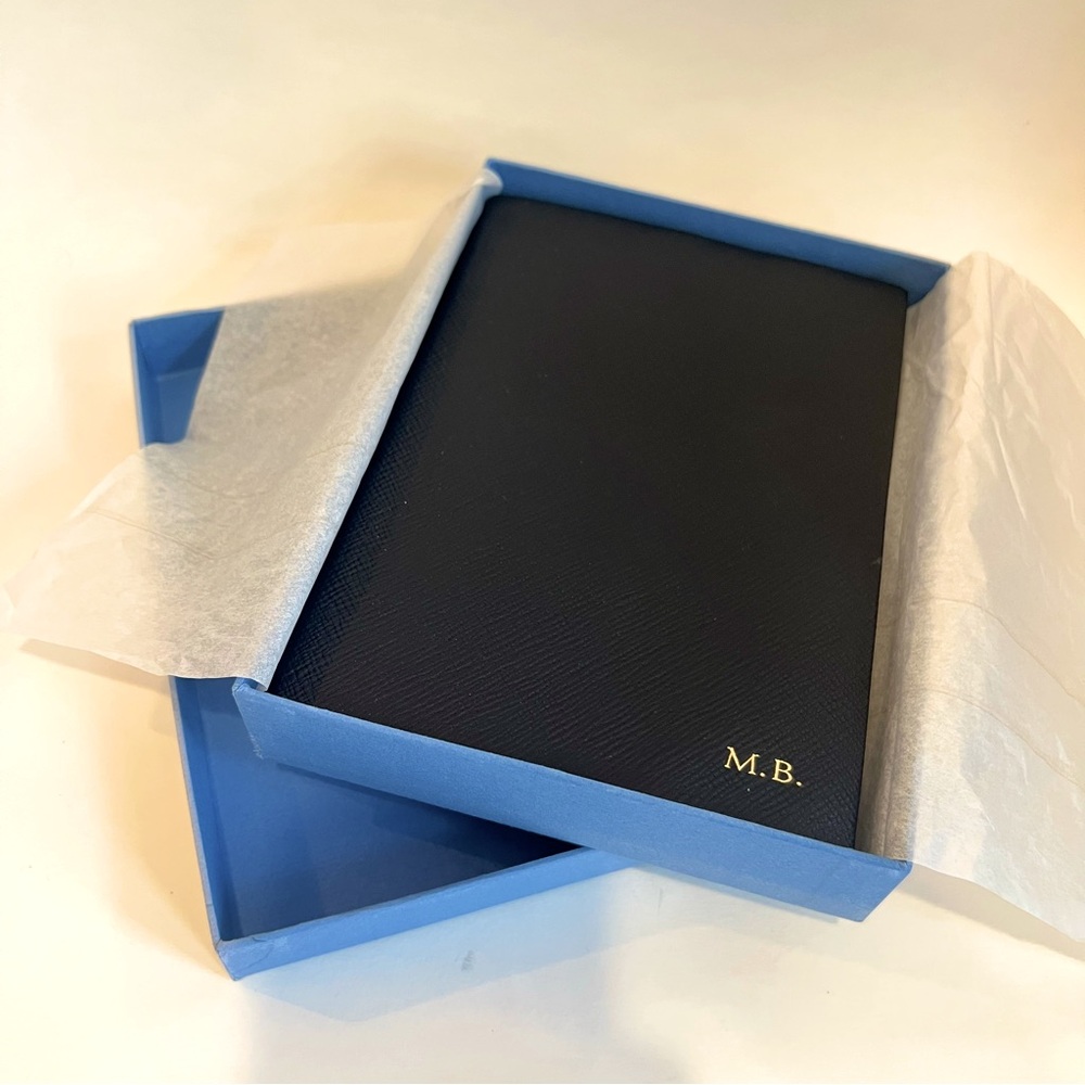 NIB Smythson THE SOHO Notebook in Navy - Leather - Personalized w/ letters “MB”